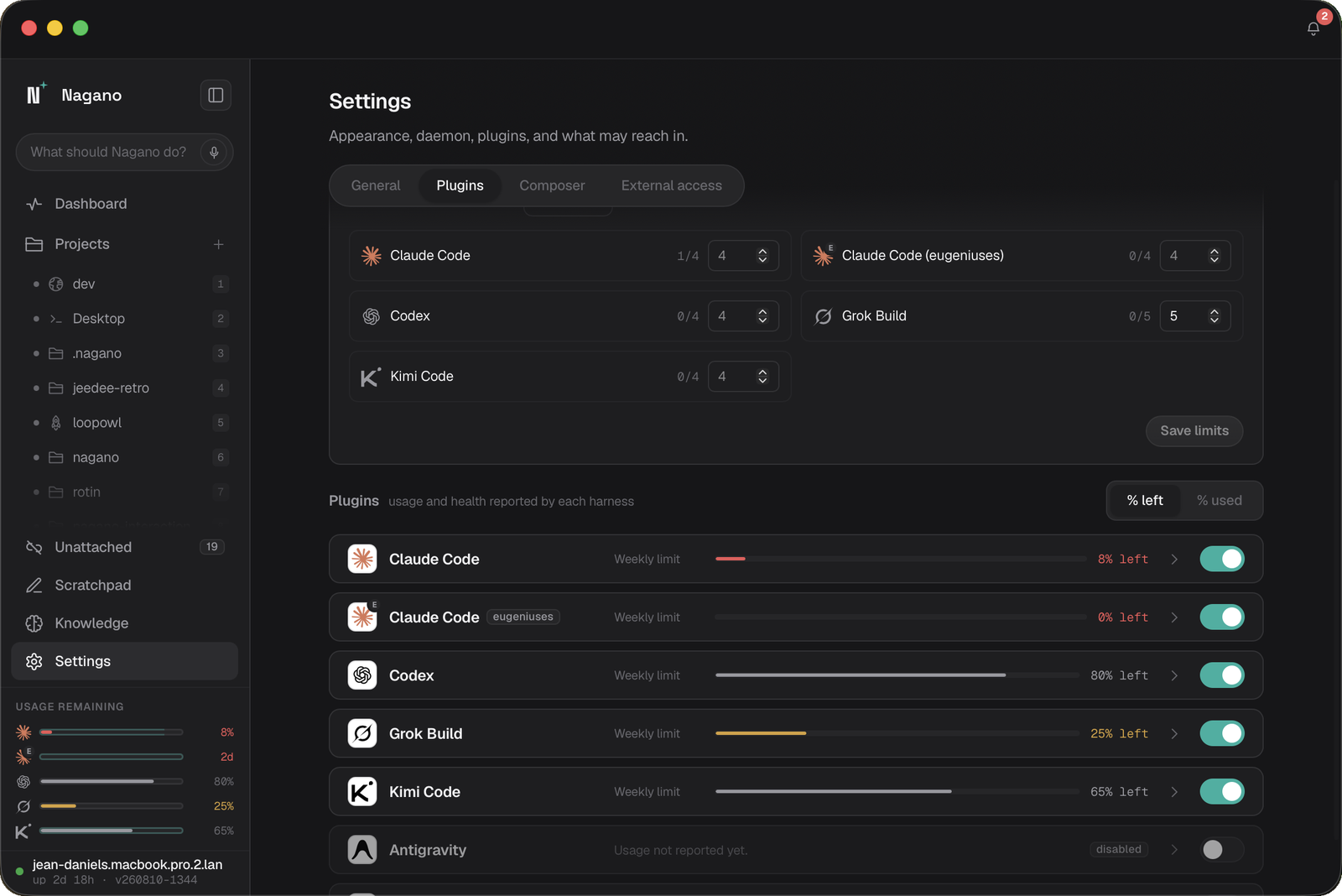 Nagano settings interface showing AI agent plug-ins
