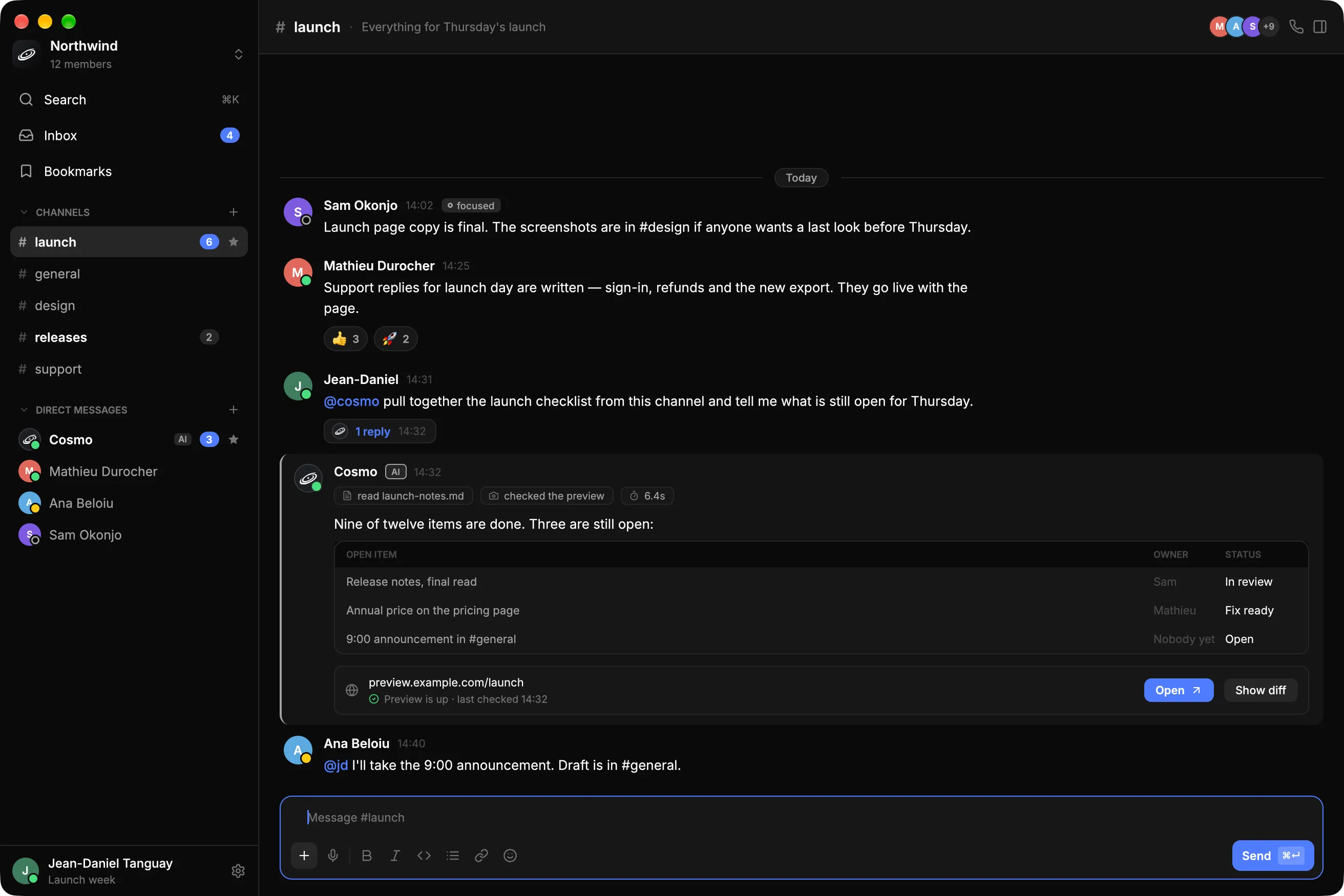 The Cosmo desktop app: channels and direct messages on the left, a #launch channel where a team plans a launch and the Cosmo agent answers with a table of open items and a preview link.